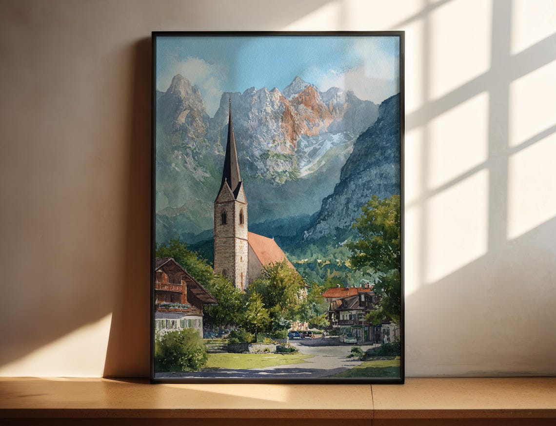 Garmisch Partenkirchen Alpine Church Village Watercolor Travel Poster