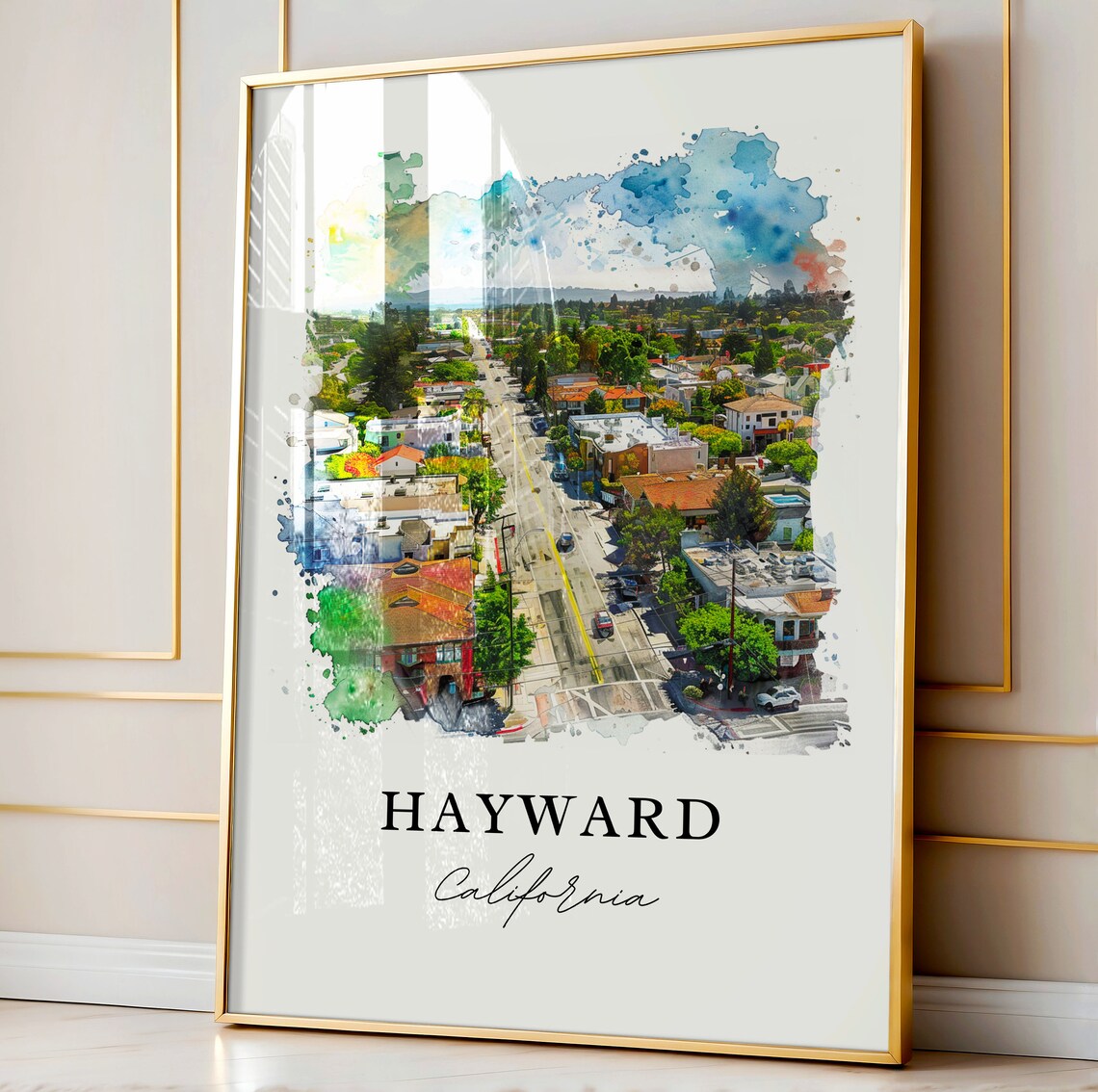 Hayward California City Aerial Street Watercolor Travel Poster - Image 3