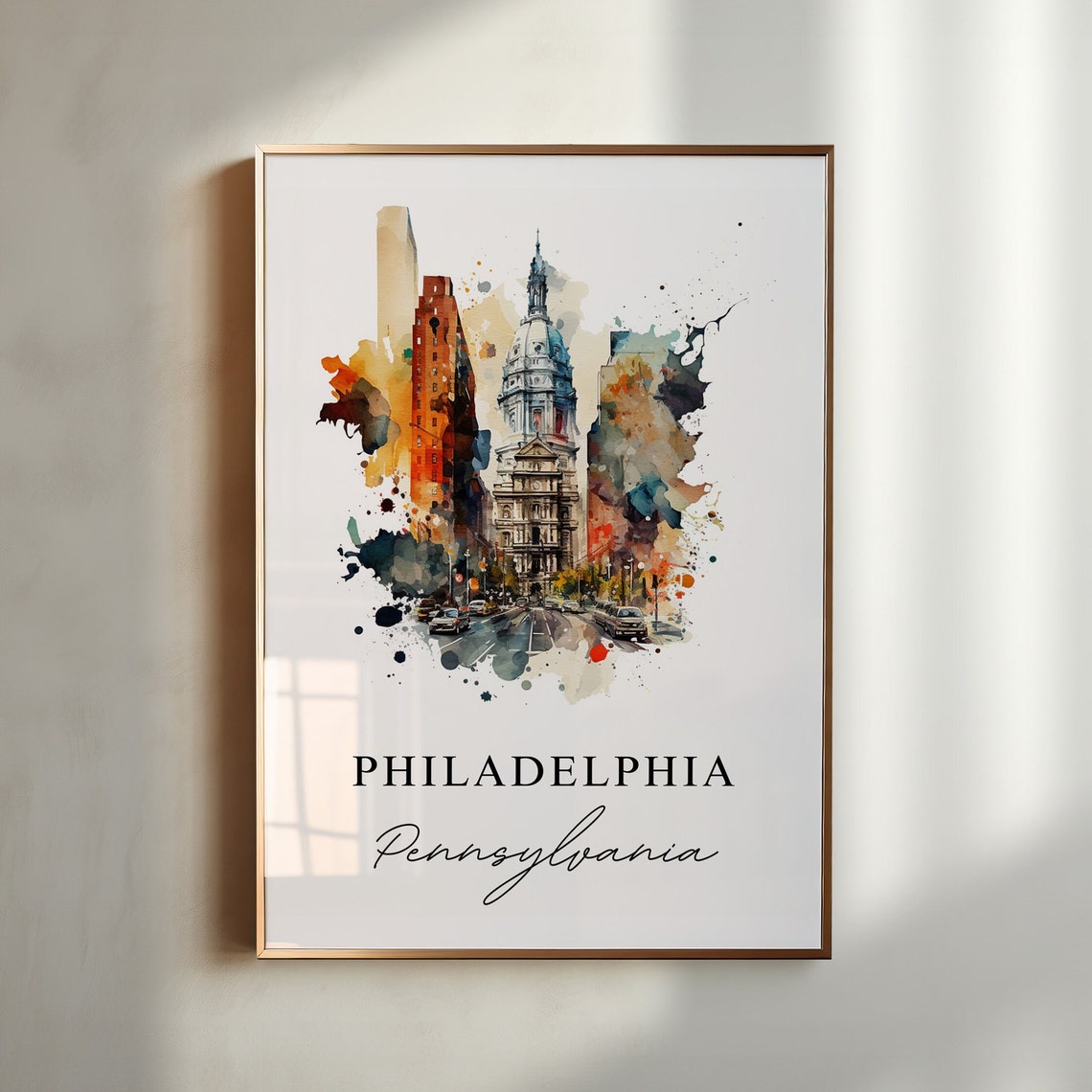 Philadelphia City Hall Watercolor Skyline Pennsylvania Poster