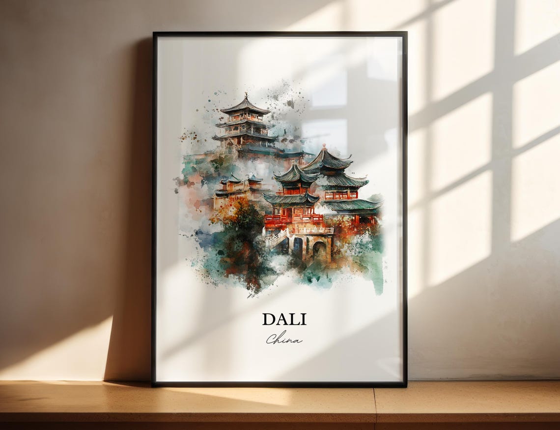 Dali China Watercolor Temple Pagoda Autumn Colors Art Poster