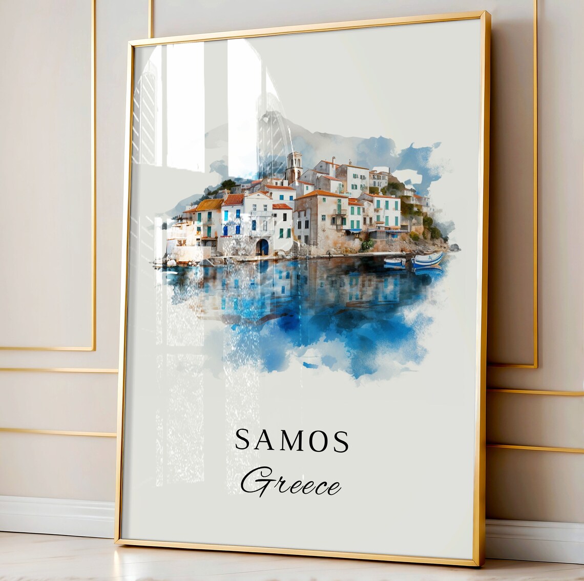 Samos Greece Harbor Town Reflection Watercolor Island Travel Poster - Image 4