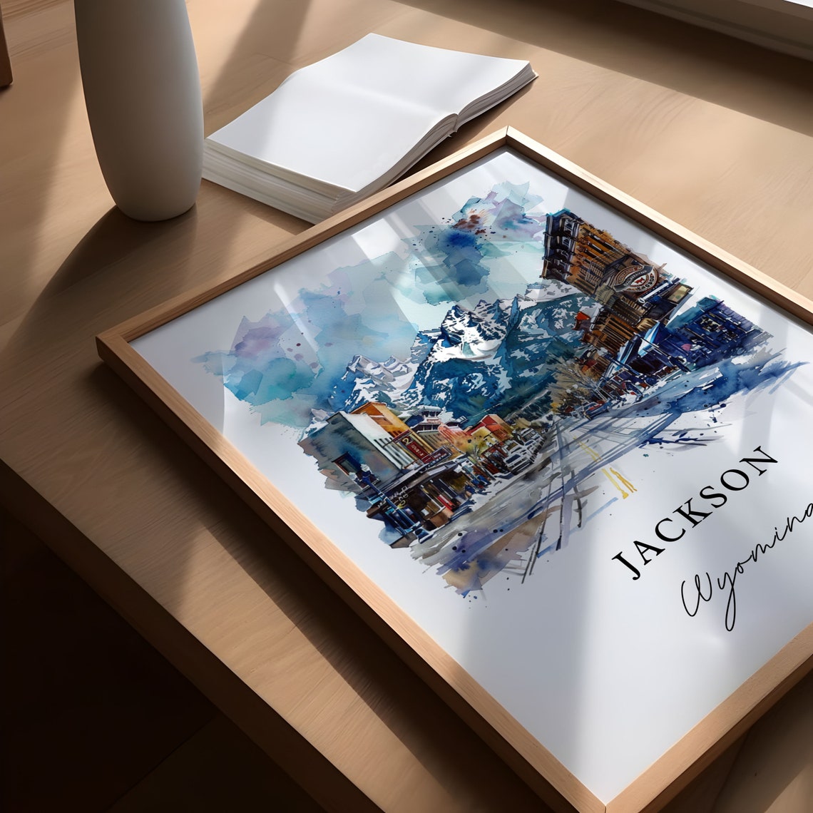 Jackson Wyoming Downtown Watercolor Snowy Mountain Travel Poster - Image 5
