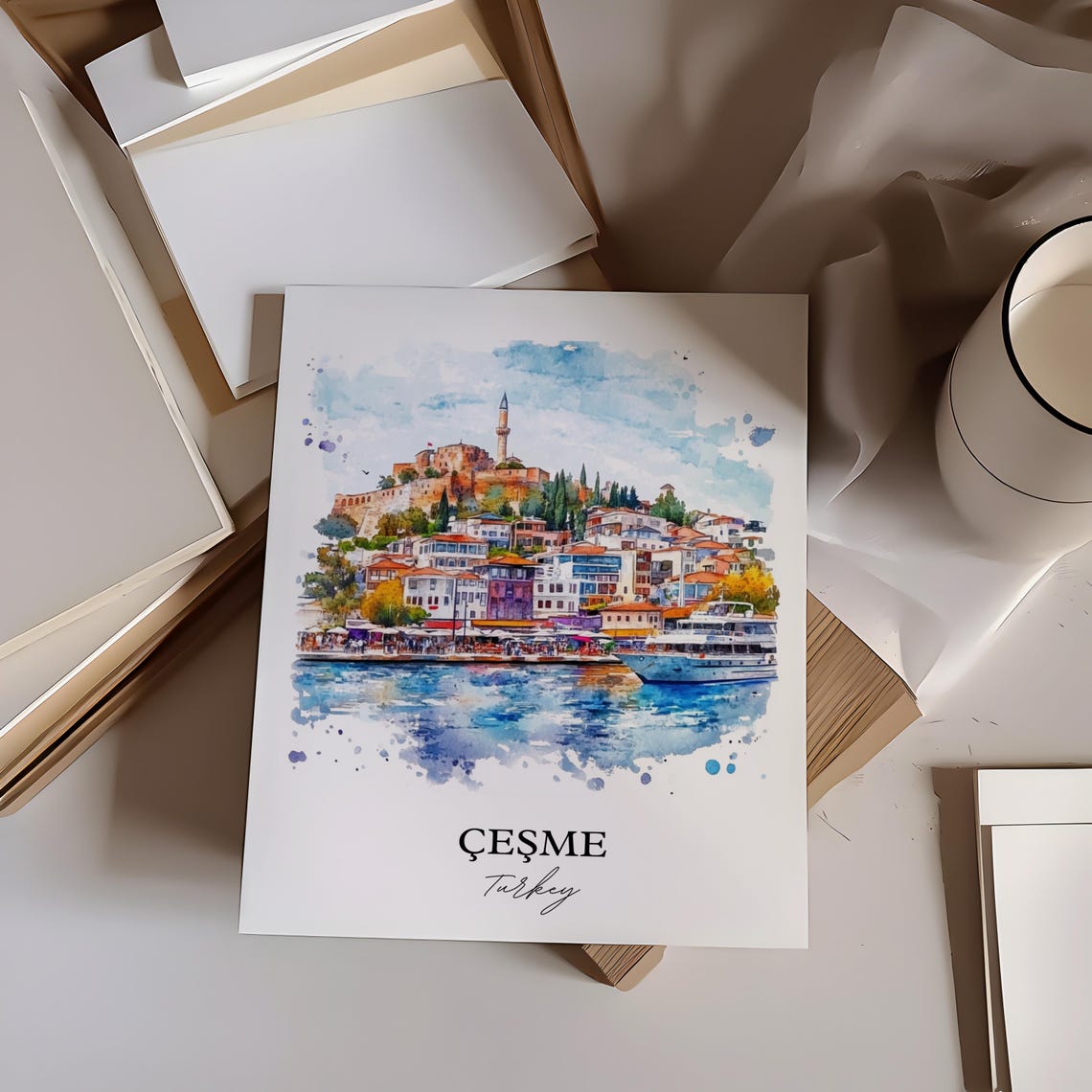 Cesme Turkey Watercolor Old Harbor Castle Coastal Travel Poster - Image 4
