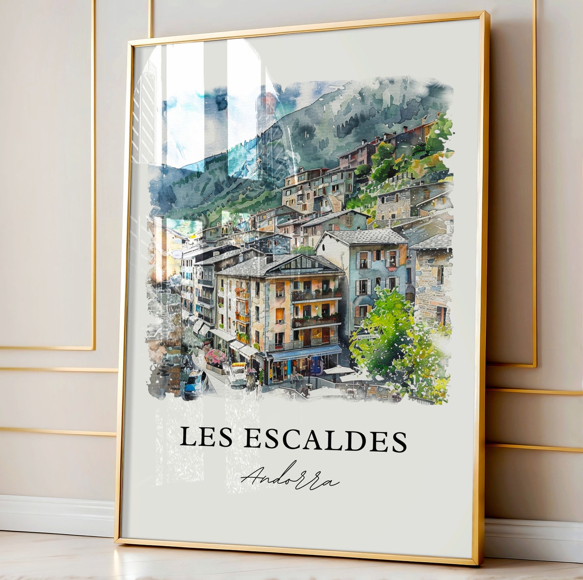 Les Escaldes Andorra Mountain Town Watercolor Alpine Village Poster - Image 4