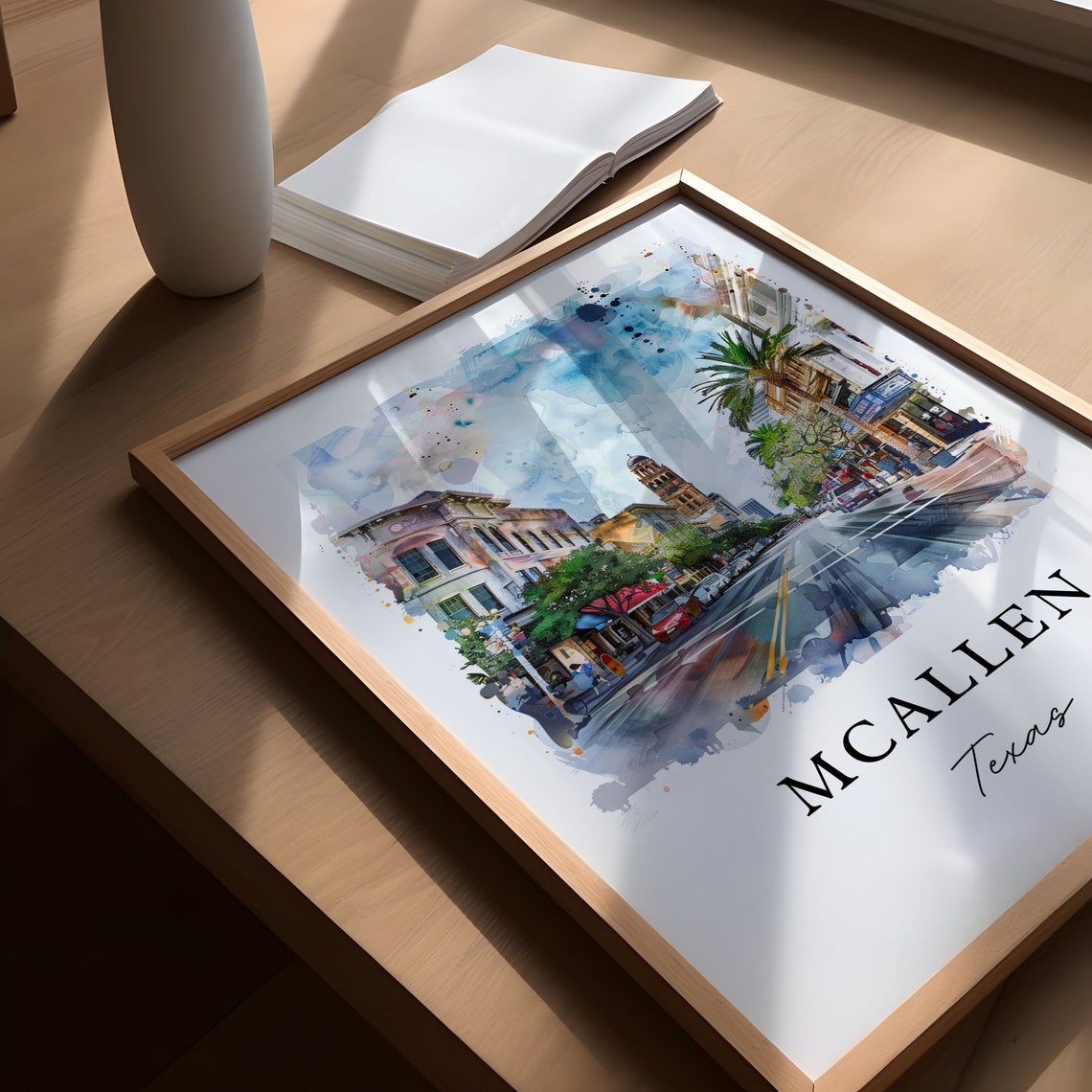 McAllen Texas Watercolor Main Street Palm Tree Clock Tower Poster - Image 5