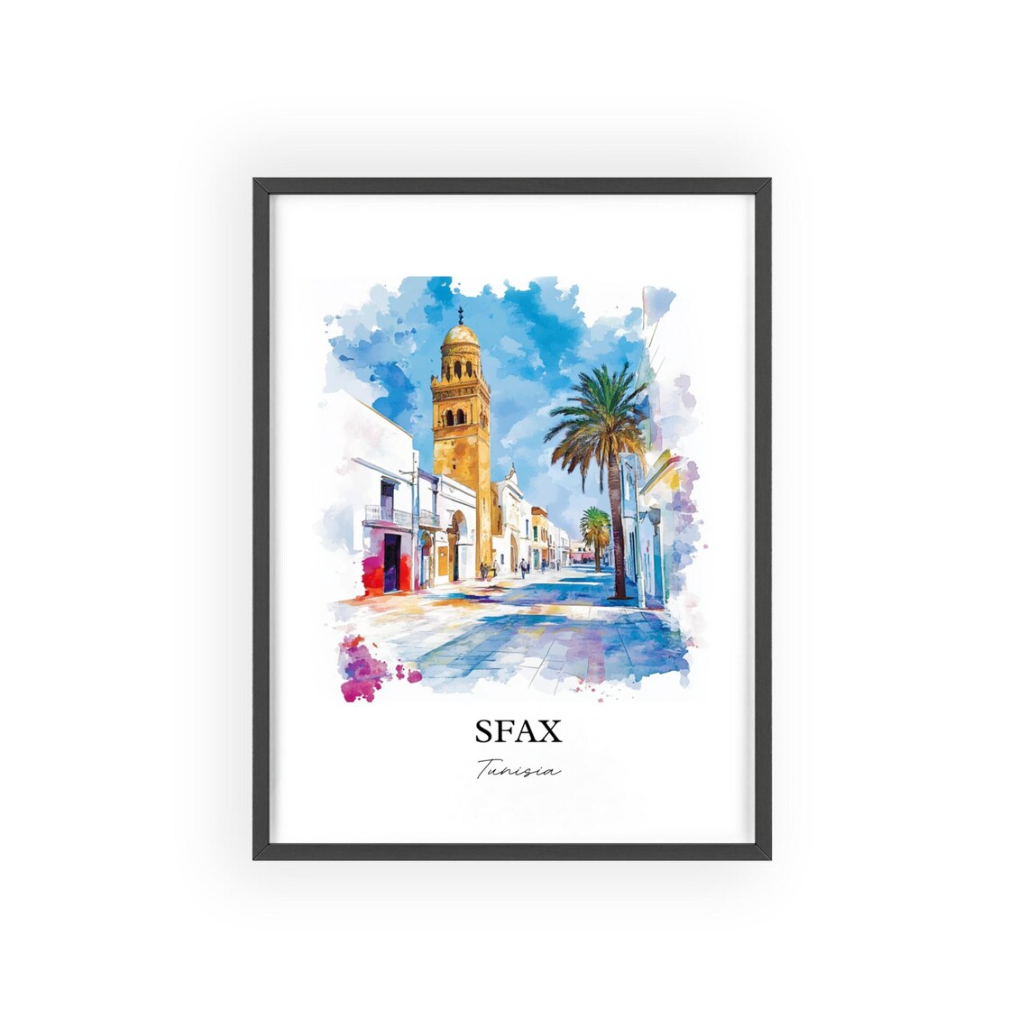 Sfax Tunisia Sunny Old Medina Street Watercolor Travel Art Poster - Image 2