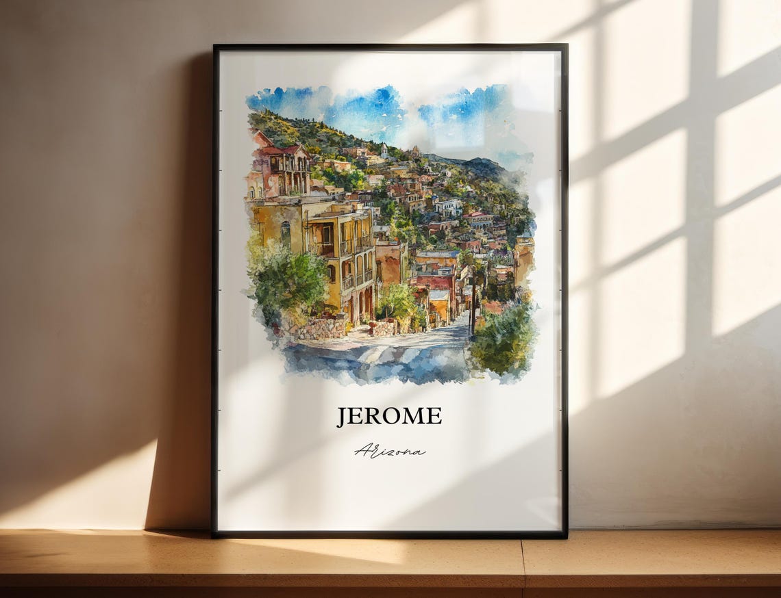 Jerome Arizona Historic Hillside Mining Town Watercolor Travel Poster