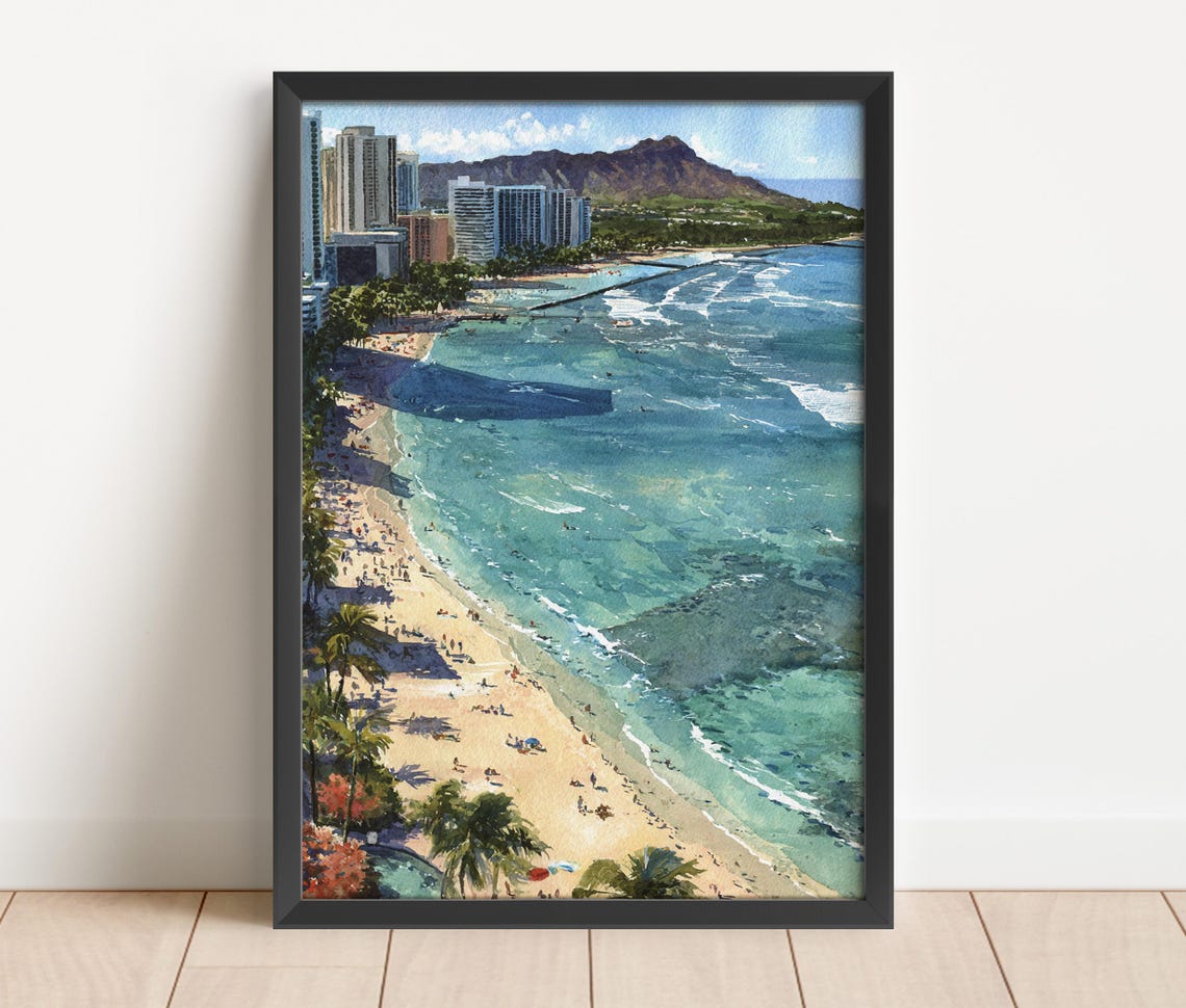 Waikiki Beach Honolulu Diamond Head Coast Watercolor Travel Poster