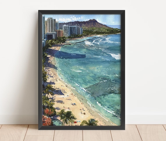 Waikiki Beach Honolulu Diamond Head Coast Watercolor Travel Poster