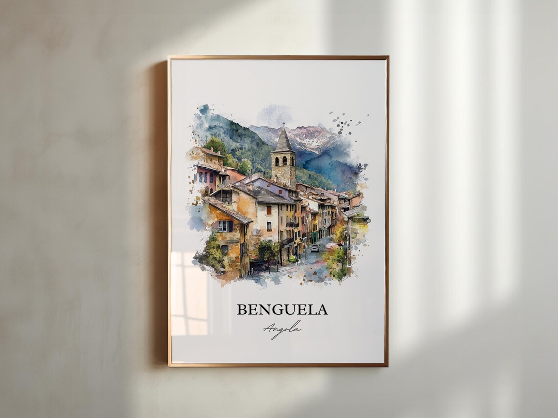 Benguela Angola Watercolor Alpine Village Street Travel Poster - Image 4