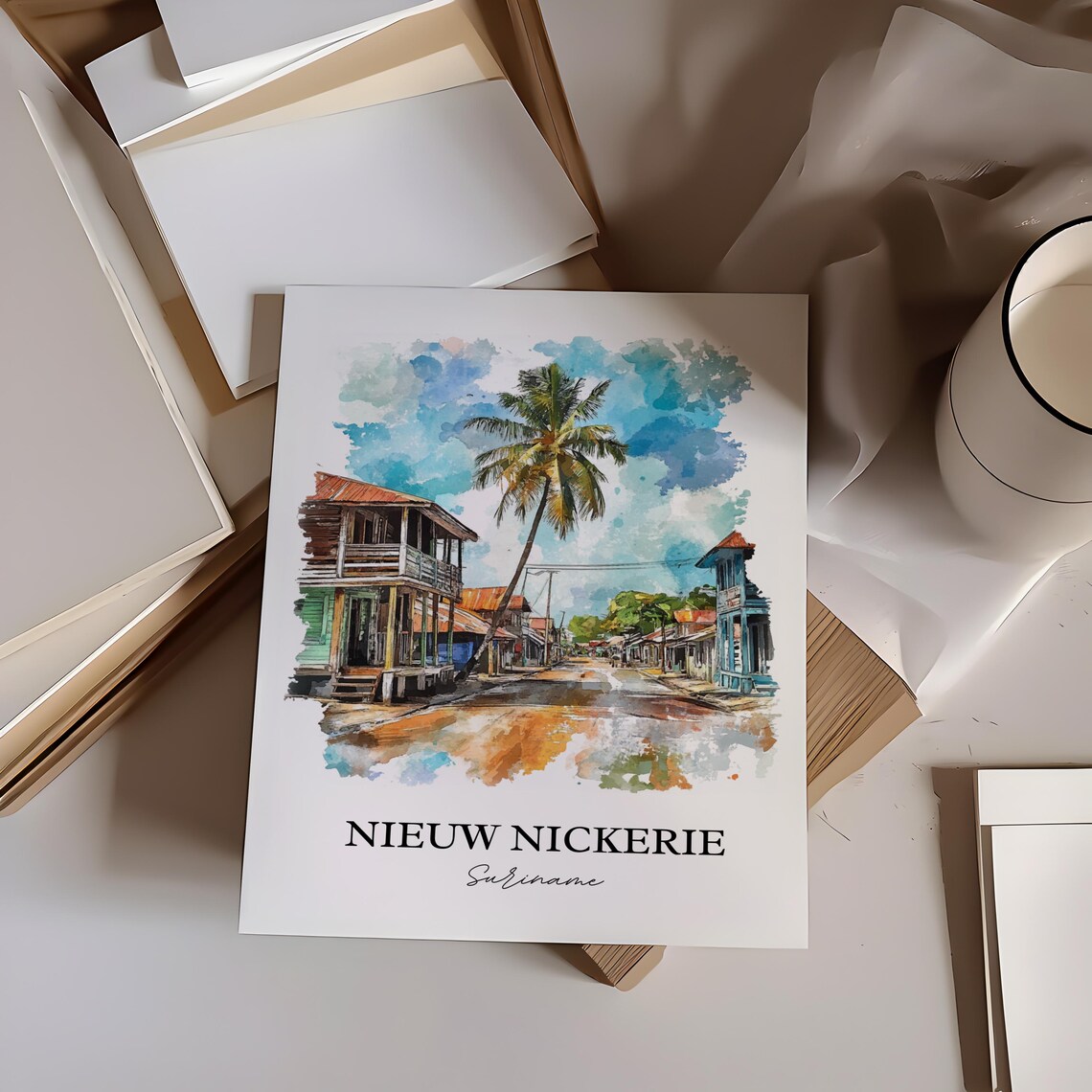 Nieuw Nickerie Suriname Watercolor Palm Lined Street Scene Poster - Image 3