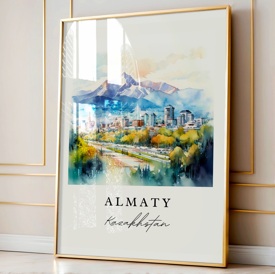 Almaty Kazakhstan Watercolor Art Snow Capped Mountain Skyline Poster - Image 4