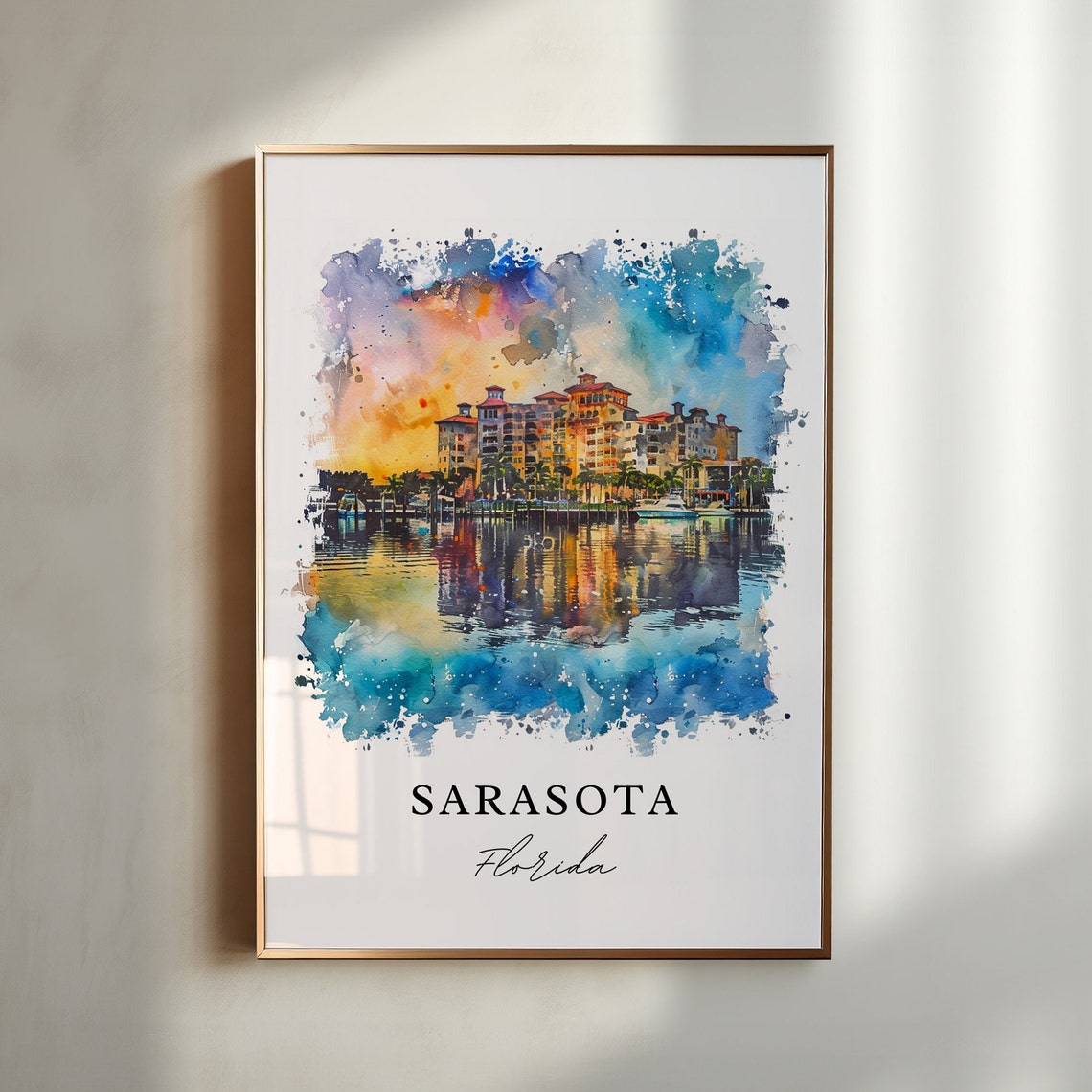 Sarasota Florida Waterfront Sunset Skyline Watercolor Travel Poster