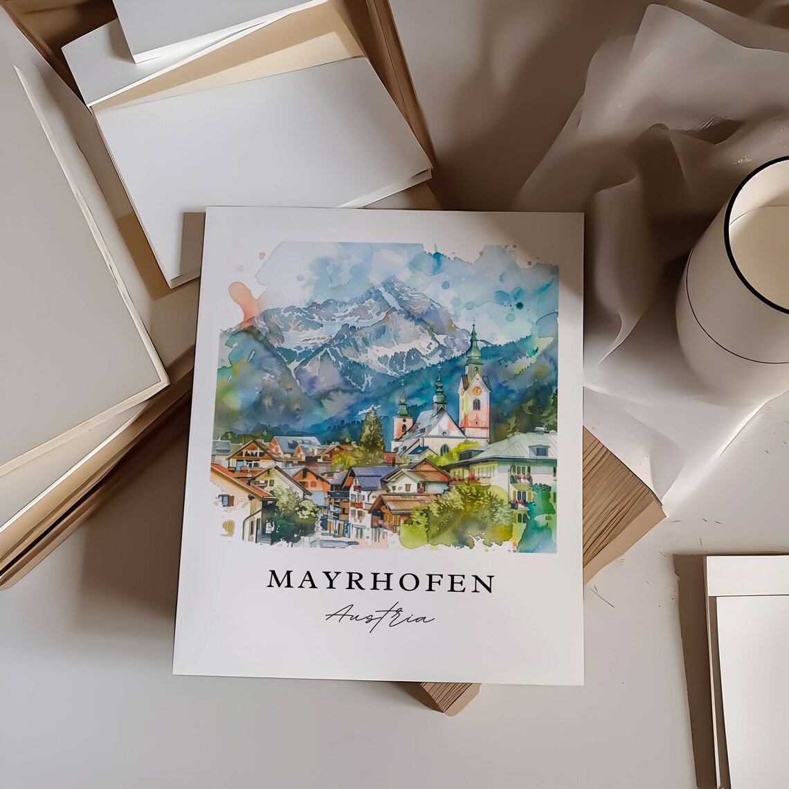 Mayrhofen Austria Alpine Village Watercolor Mountain Travel Poster - Image 6