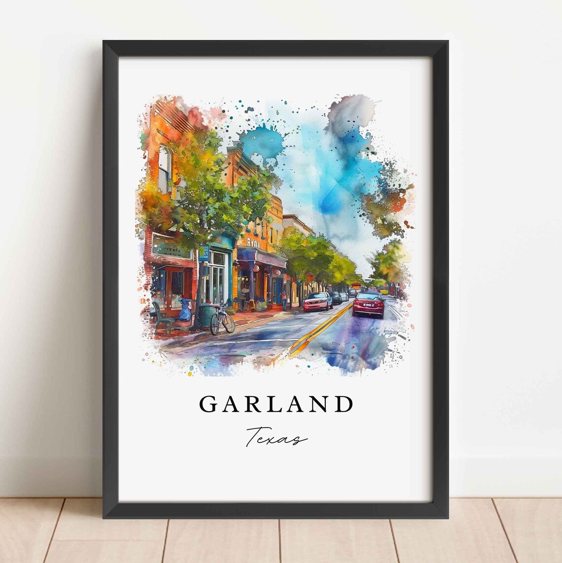 Garland Texas Watercolor Colorful Downtown Main Street Poster - Image 3