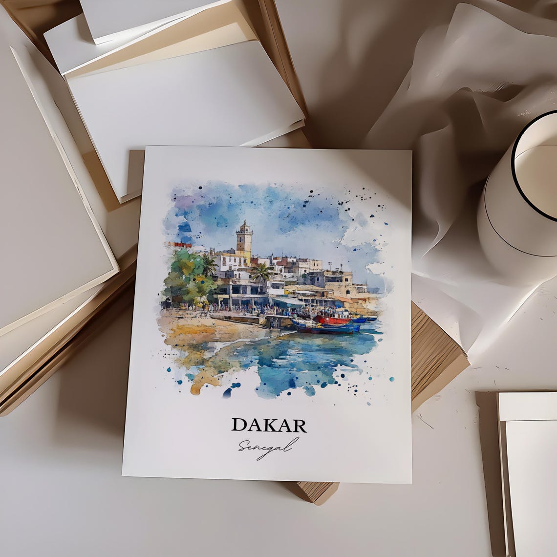 Dakar Senegal Harbor Fishing Boats Waterfront Watercolor Poster - Image 4