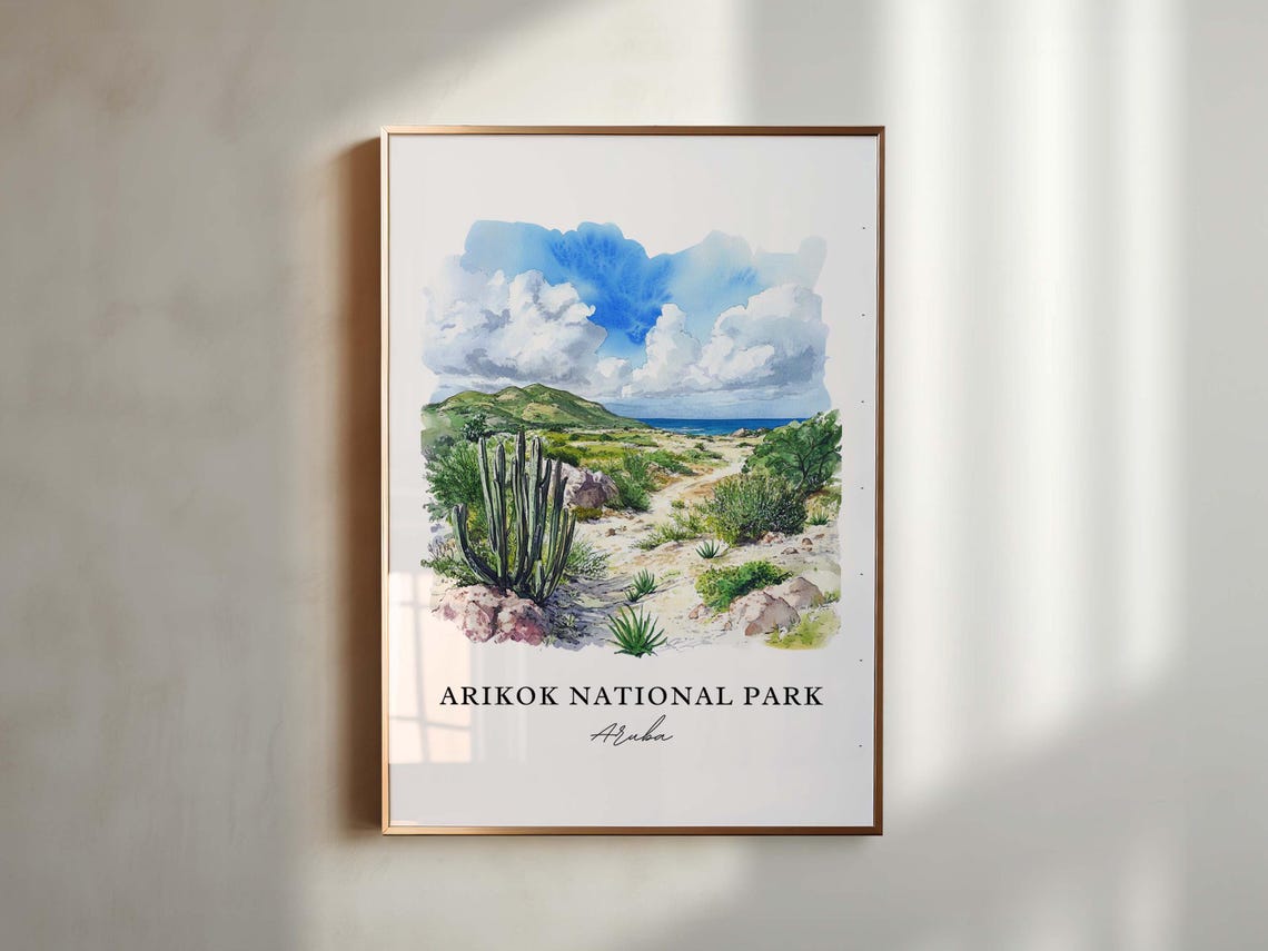 Arikok National Park Aruba Sunny Desert Cactus Watercolor Poster - Image 3