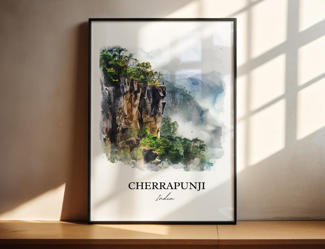 Cherrapunji India Watercolor Misty Cliffs Mountain Gorge Poster
