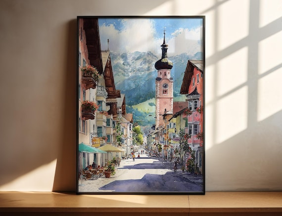 Kitzbuhel Austria Alpine Old Town Street Watercolor Travel Poster