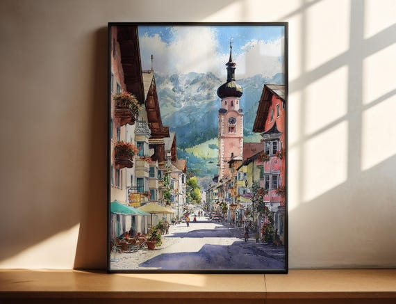 Kitzbuhel Watercolor Art Travel Print Austria Ski Artwork Decor Tyrol Province Wall