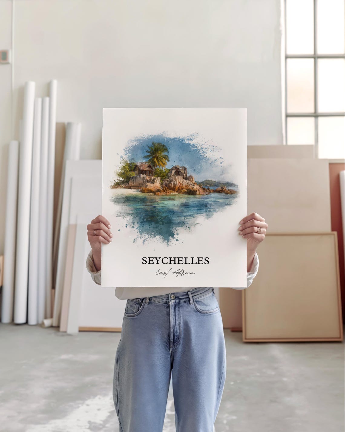 Seychelles Island Granite Boulders Beach Watercolor Travel Poster - Image 3