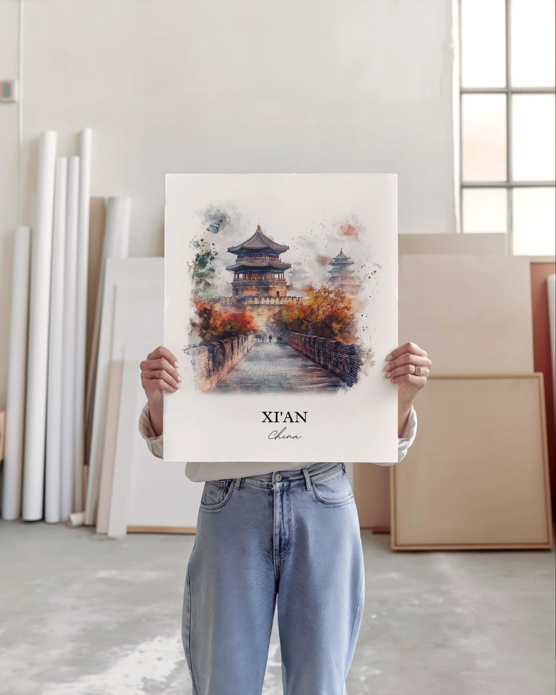 Xian China Watercolor Historic City Wall Tower Autumn Poster - Image 5