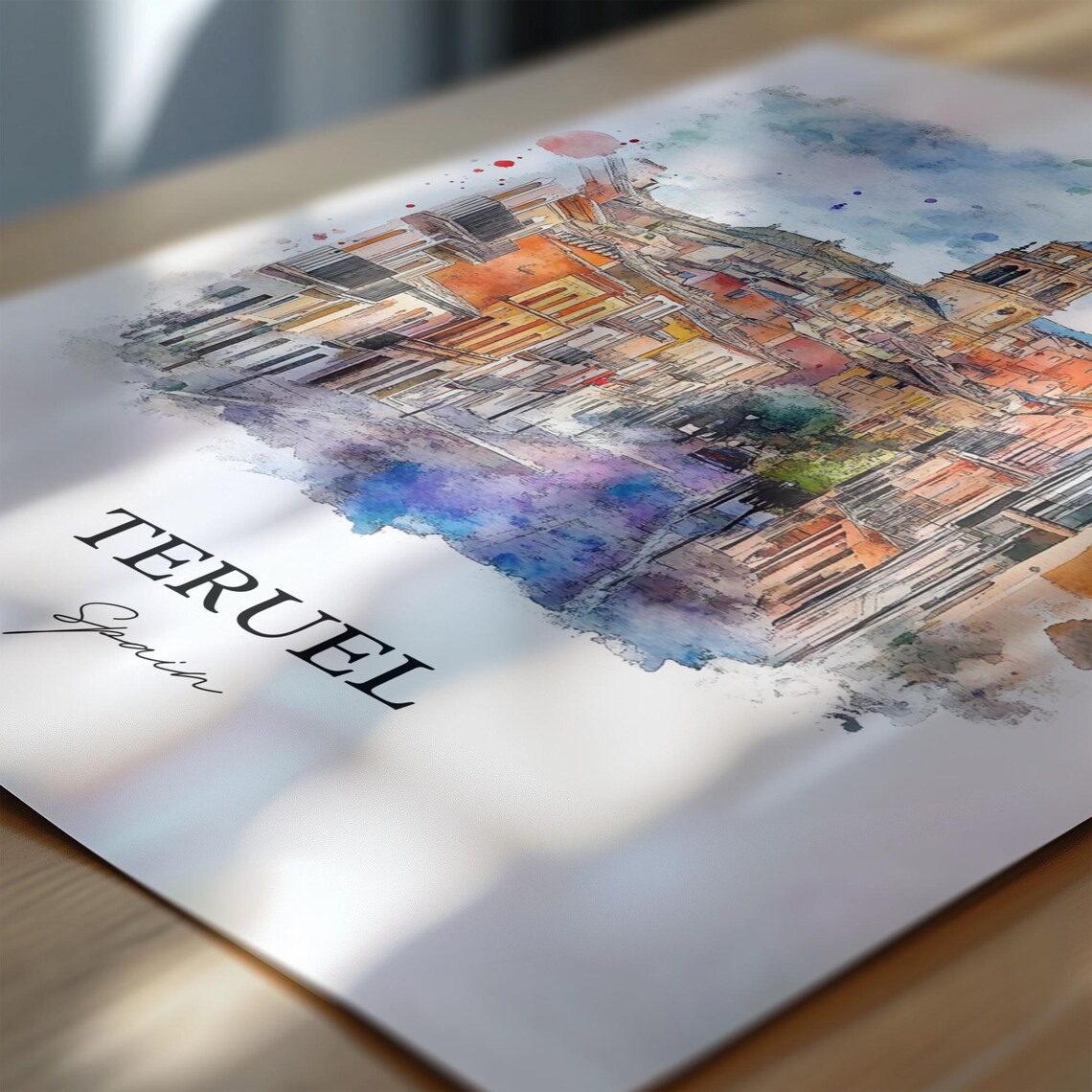 Teruel Spain Watercolor Old Town Street Bell Tower Art Poster - Image 2