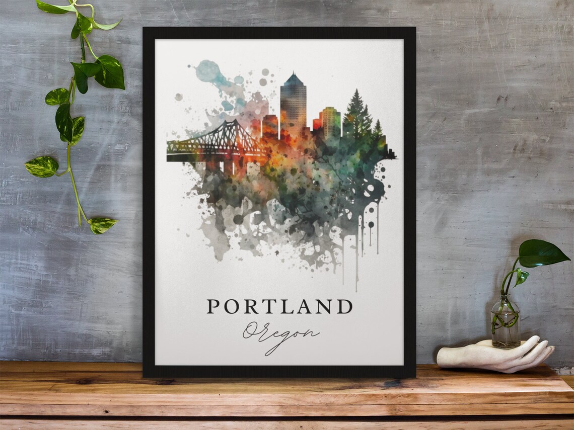 Portland Oregon Skyline Steel Bridge Evergreen Watercolor Poster