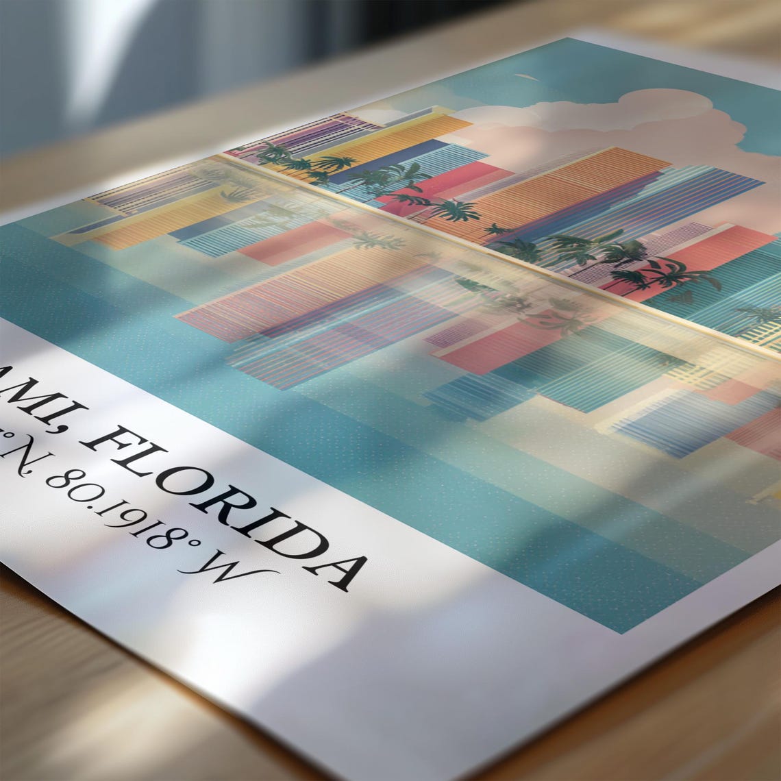 Miami Florida Skyline Palms Water Reflection Retro Travel Art Poster - Image 4
