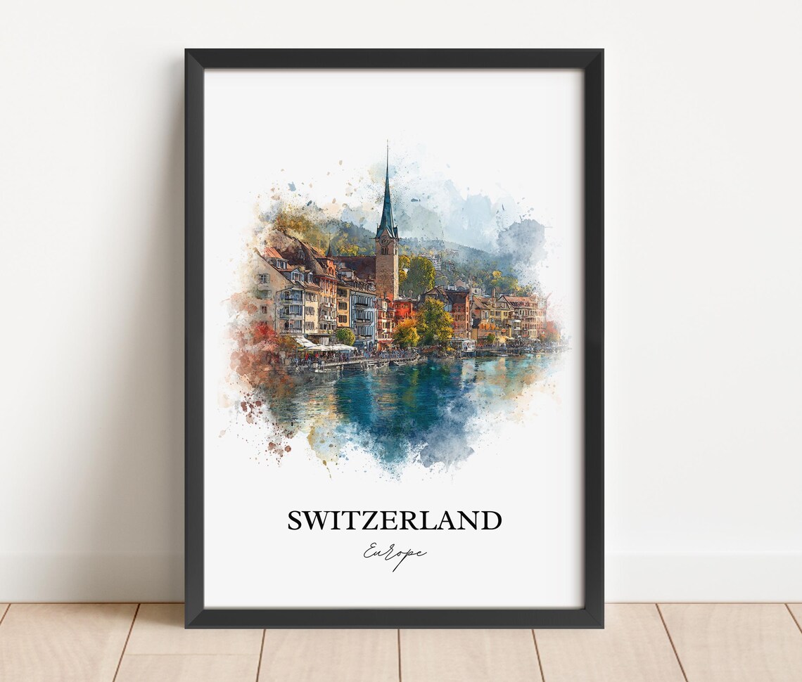 Switzerland Europe Lakeside Church Tower Watercolor Travel Poster - Image 4
