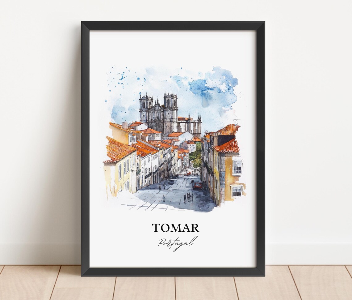 Tomar Portugal Watercolor Old Town Street Gothic Church Poster - Image 3