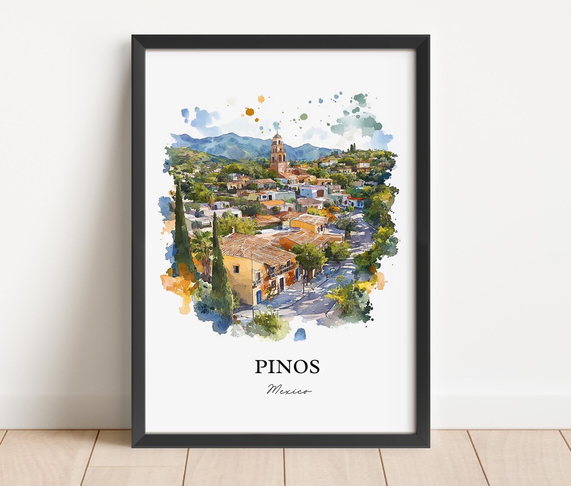 Pinos Mexico Old Village Church Tower Watercolor Travel Poster - Image 4