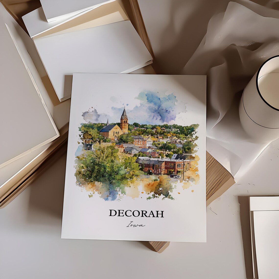 Decorah Iowa Church Spire Overlooking Town Watercolor Travel Poster - Image 4