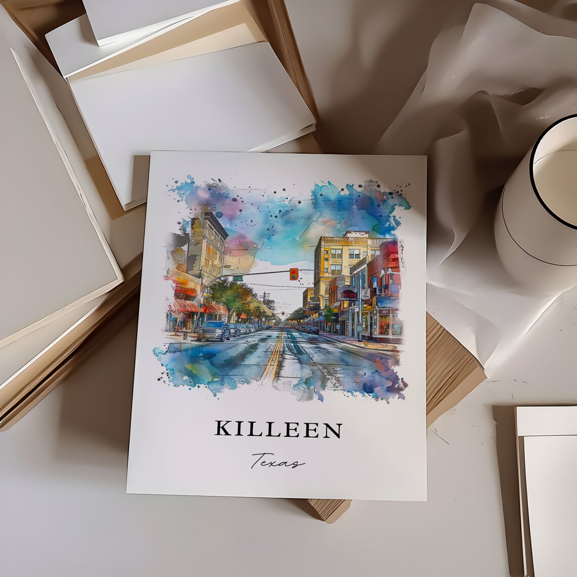 Killeen Texas Historic Downtown Main Street Watercolor Poster - Image 6