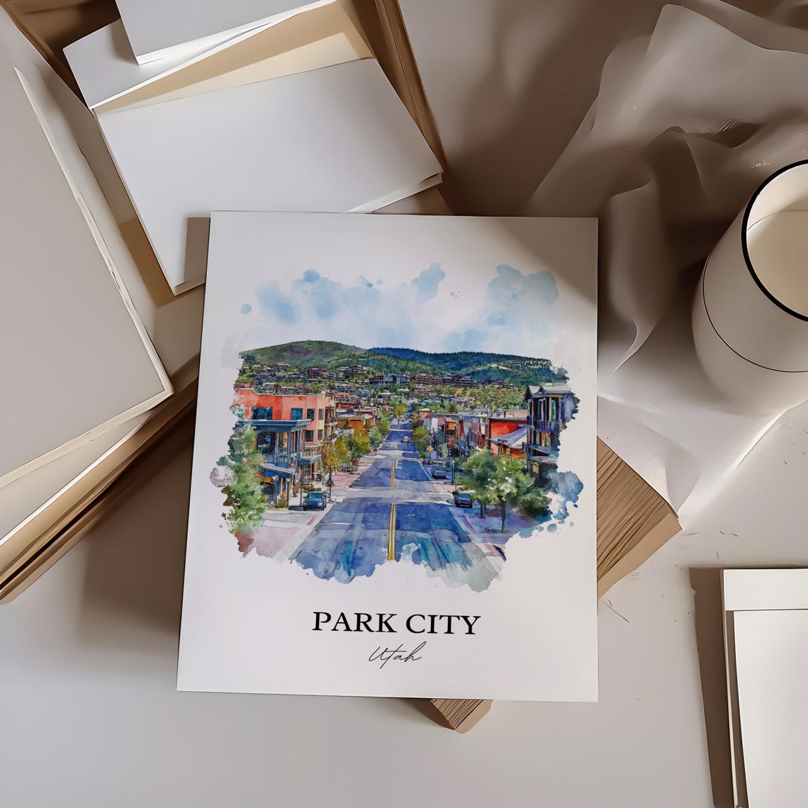 Park City Utah Watercolor Mountain Main Street Scene Art Poster - Image 2