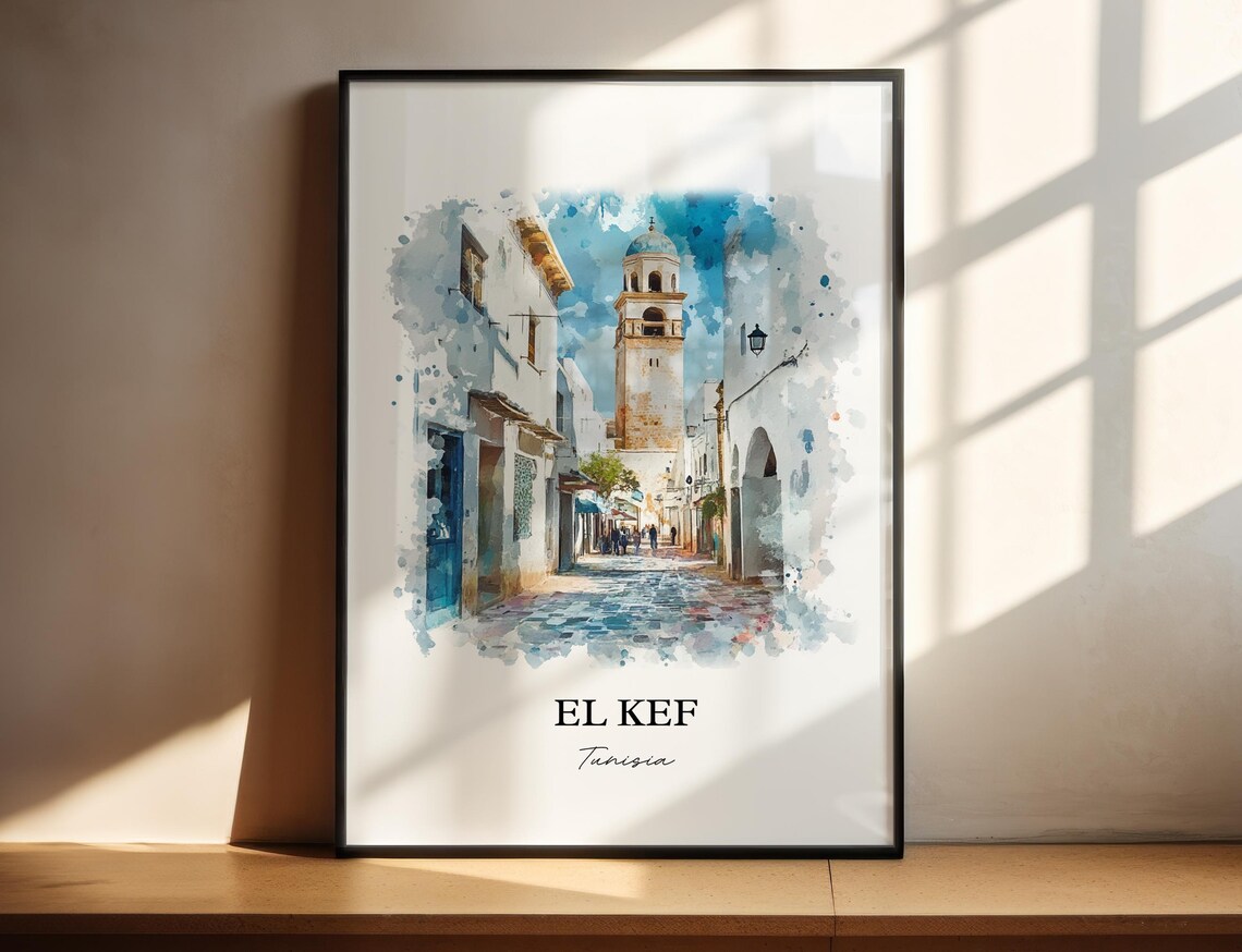 El Kef Tunisia Old Medina Tower Street Watercolor Travel Poster