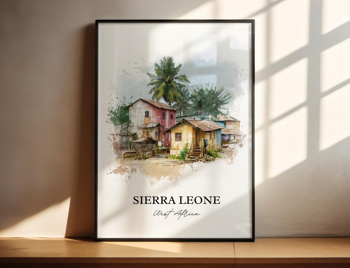 Sierra Leone West Africa Village Palms Watercolor Travel Poster