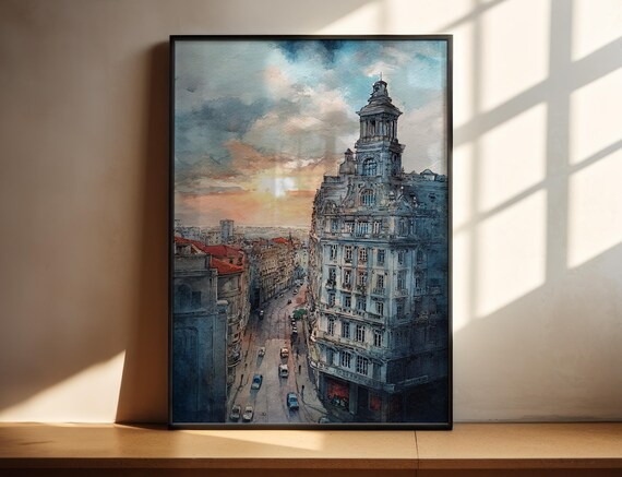 Montevideo Uruguay Historic Street Sunset Watercolor Travel Art Poster