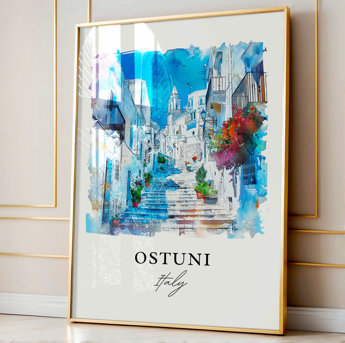 Ostuni Italy Whitewashed Hill Town Steps Watercolor Travel Poster - Image 4