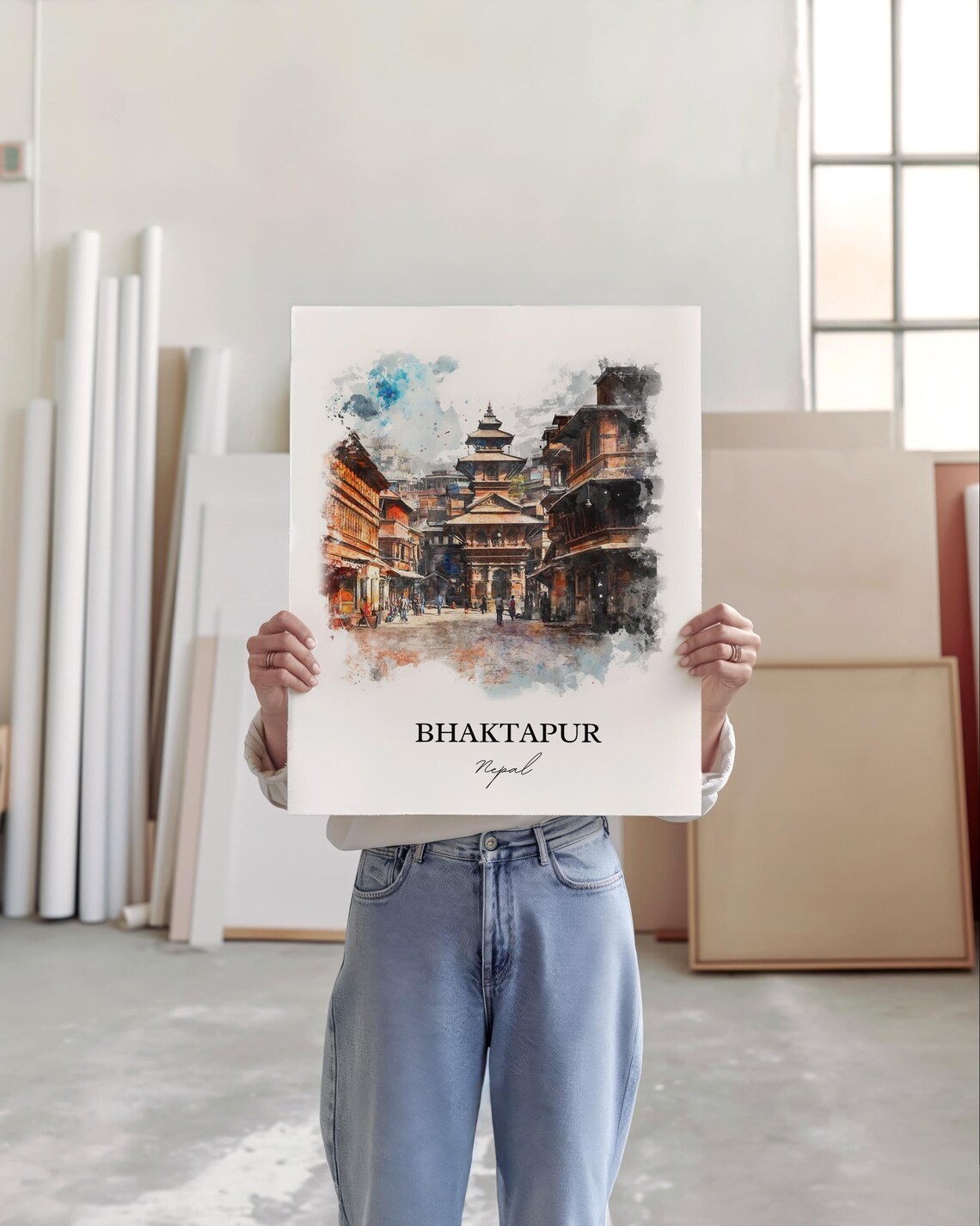 Bhaktapur Nepal Watercolor Pagoda Temple Square Travel Poster - Image 5