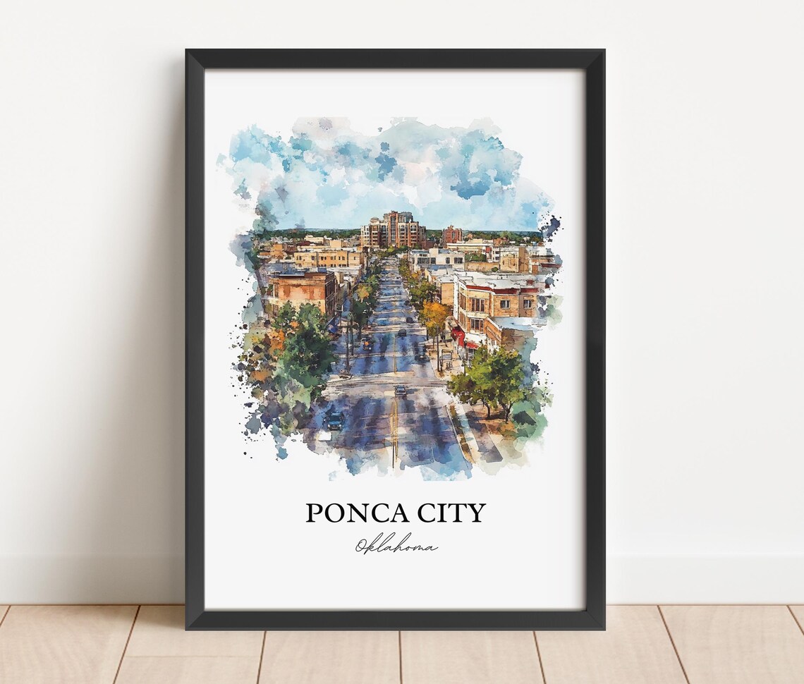 Ponca City Oklahoma City Street Watercolor Skyline Art Poster - Image 2