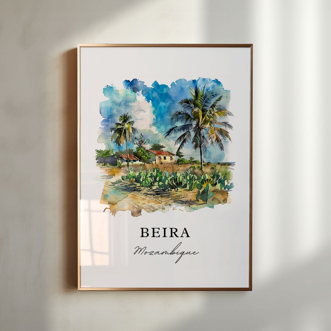 Beira Mozambique Watercolor Of Palm Trees And Rural Houses Poster