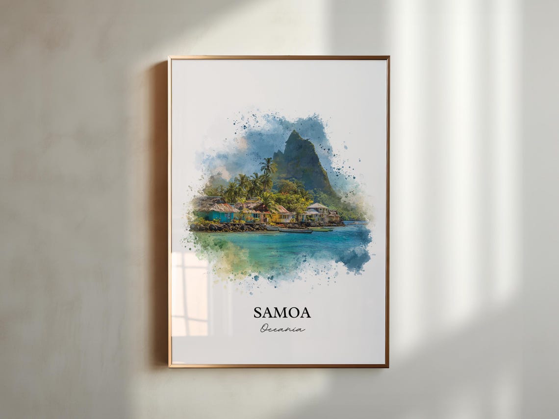 Samoa Oceania Village Palm Trees Mountain Watercolor Art Poster - Image 6