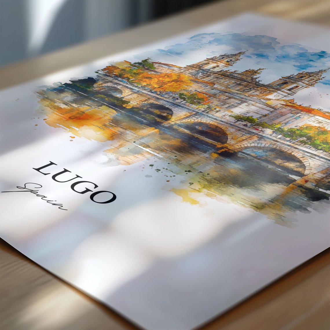 Lugo Spain Watercolor Cathedral Stone Bridge Autumn River View Poster - Image 6