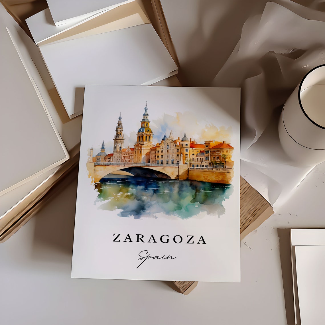 Zaragoza Spain Basilica Towers and River Bridge Watercolor Poster - Image 4
