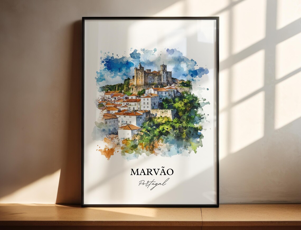 Marvao Portugal Watercolor Castle Hill Village Fortress Town Poster