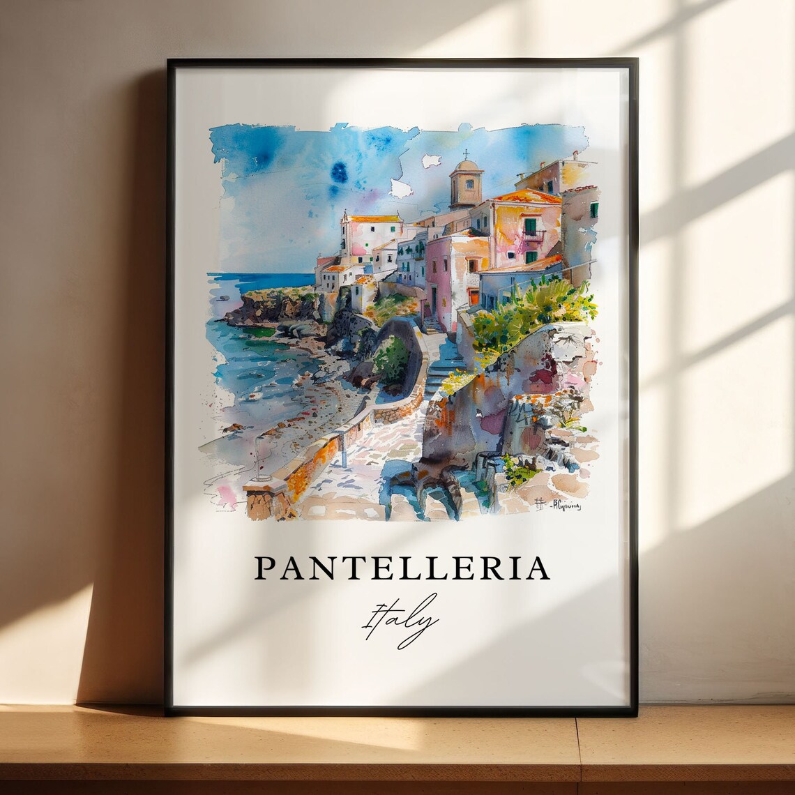Pantelleria Italy Cliffside Village Coast Watercolor Island Poster - Image 4