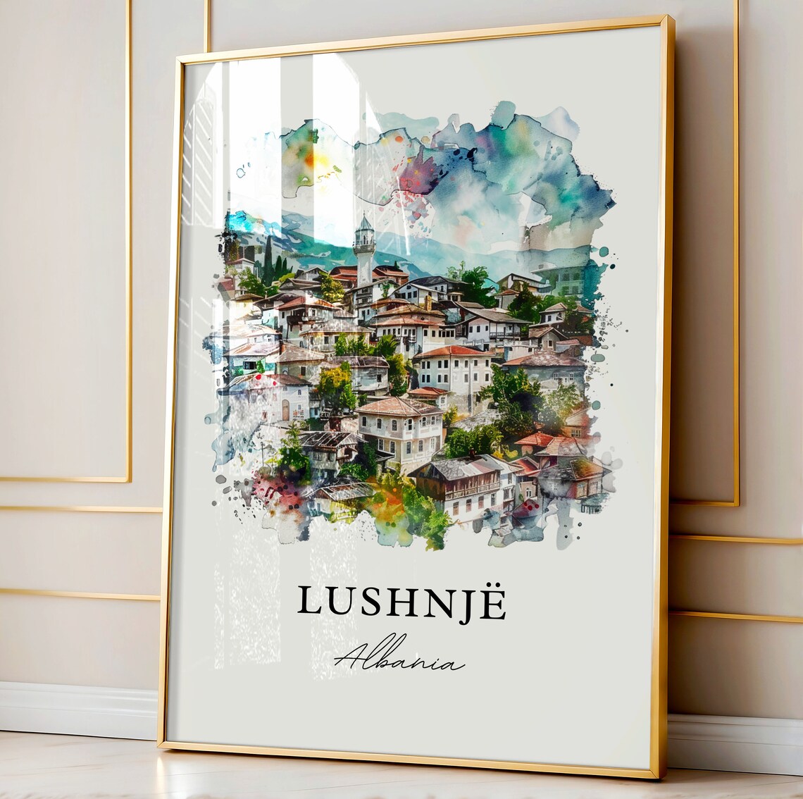 Lushnje Albania Hillside Old Town Charming Watercolor Travel Poster - Image 4