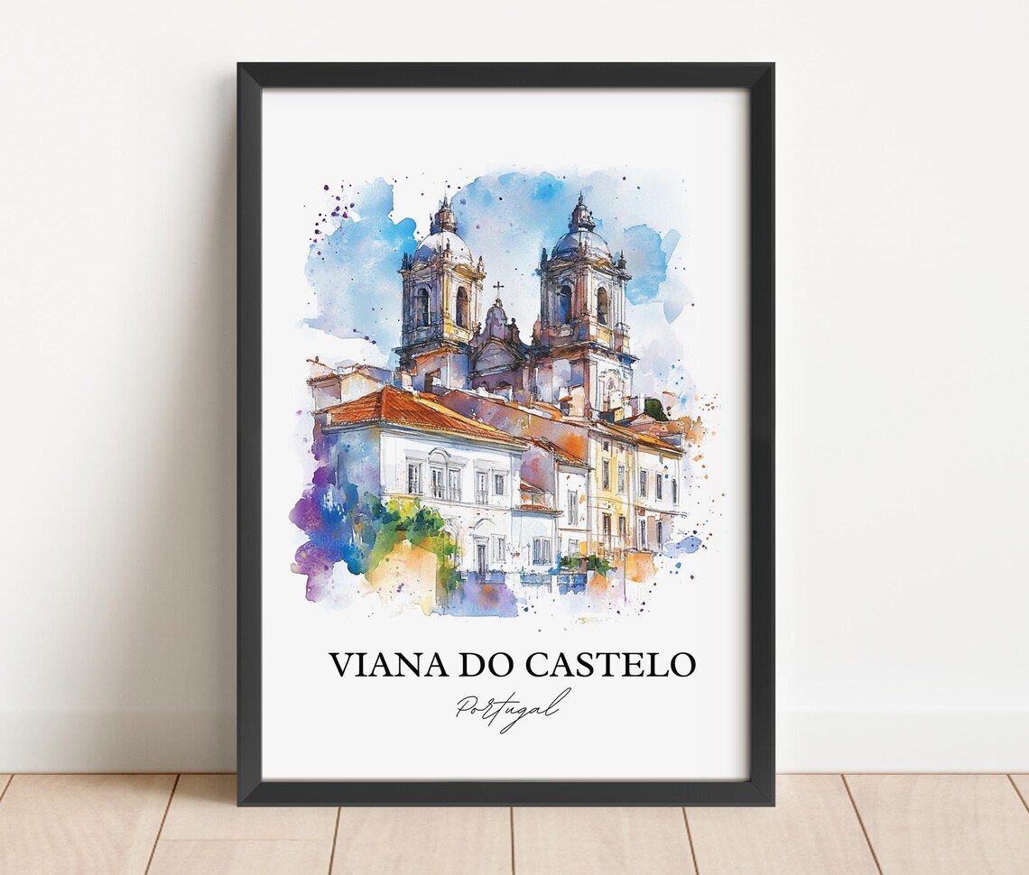 Viana do Castelo Portugal Watercolor Church Twin Towers Art Poster - Image 2