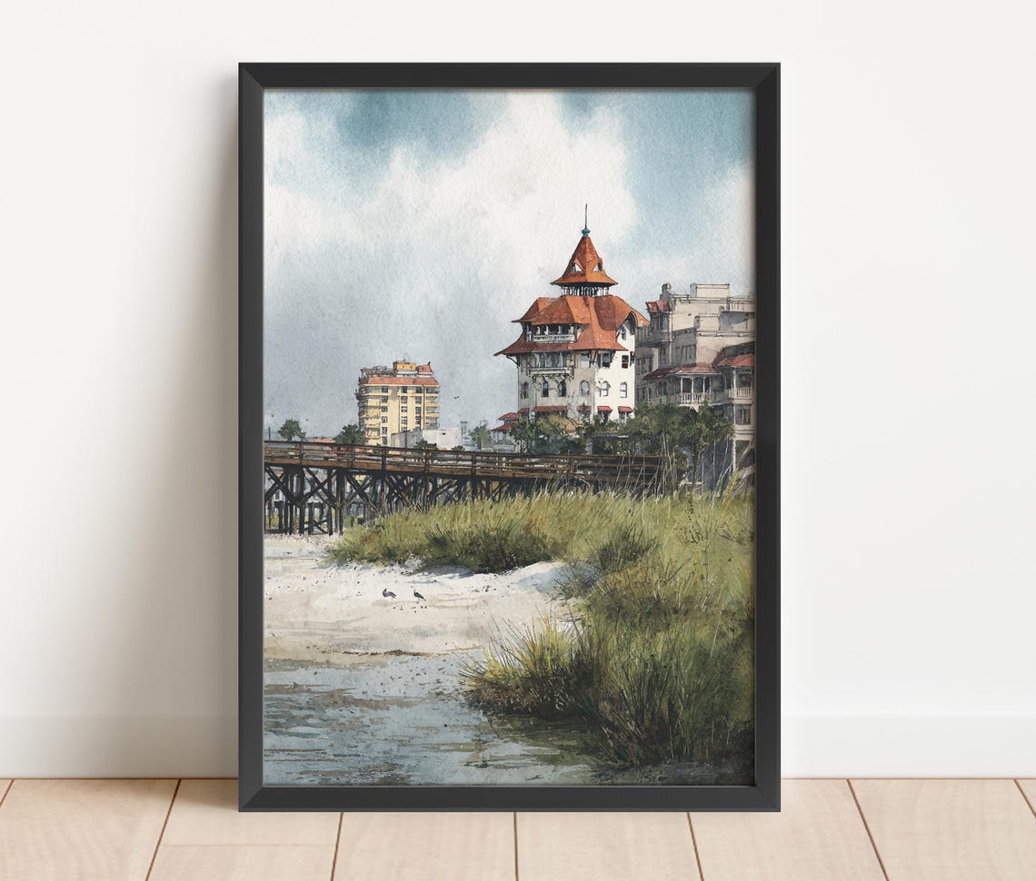 Galveston Texas Seawall Watercolor Poster Pier and Beachfront Towers